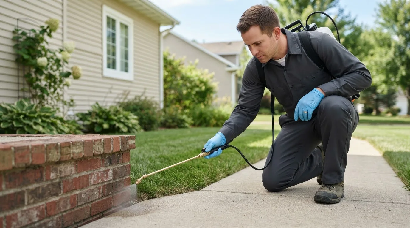 Pest control technician treating a home near Charlestown, MA